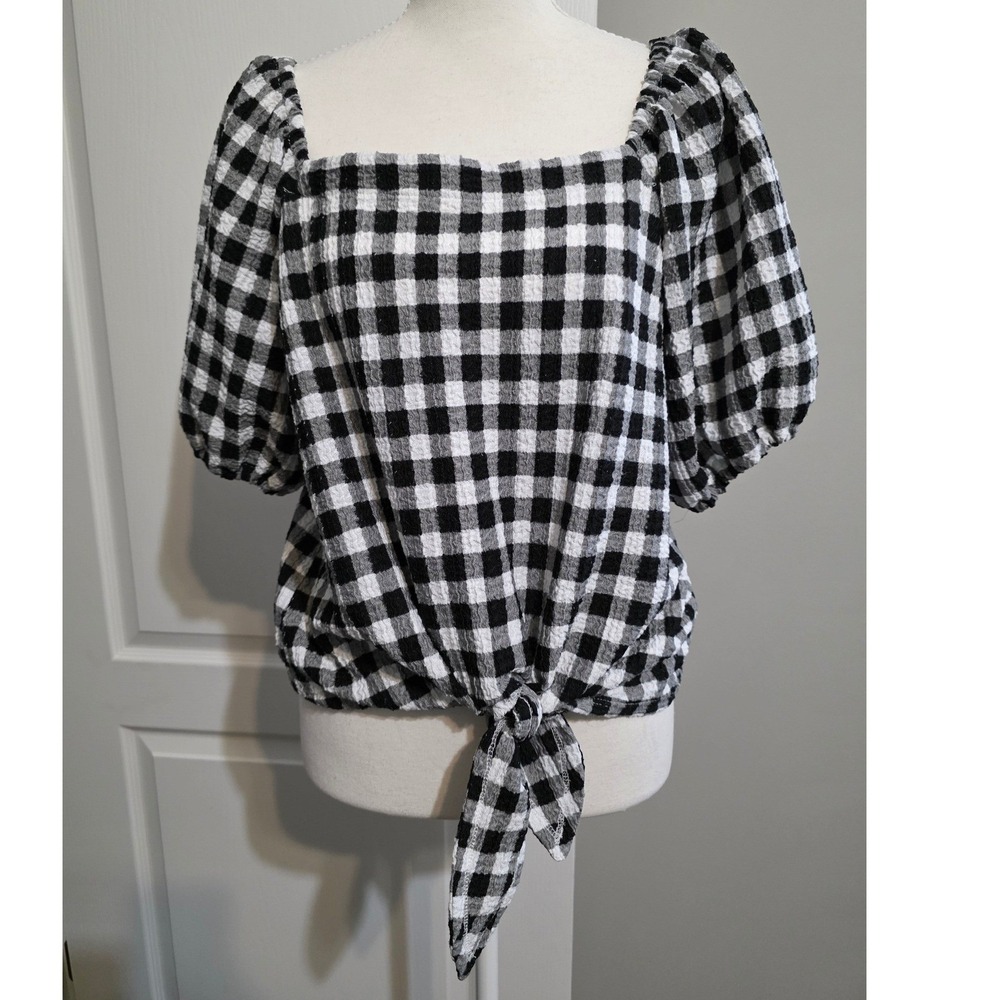 LOFT Top Women Black‎ White Gingham Puff Sleeve Seersucker Top Casual Everyday